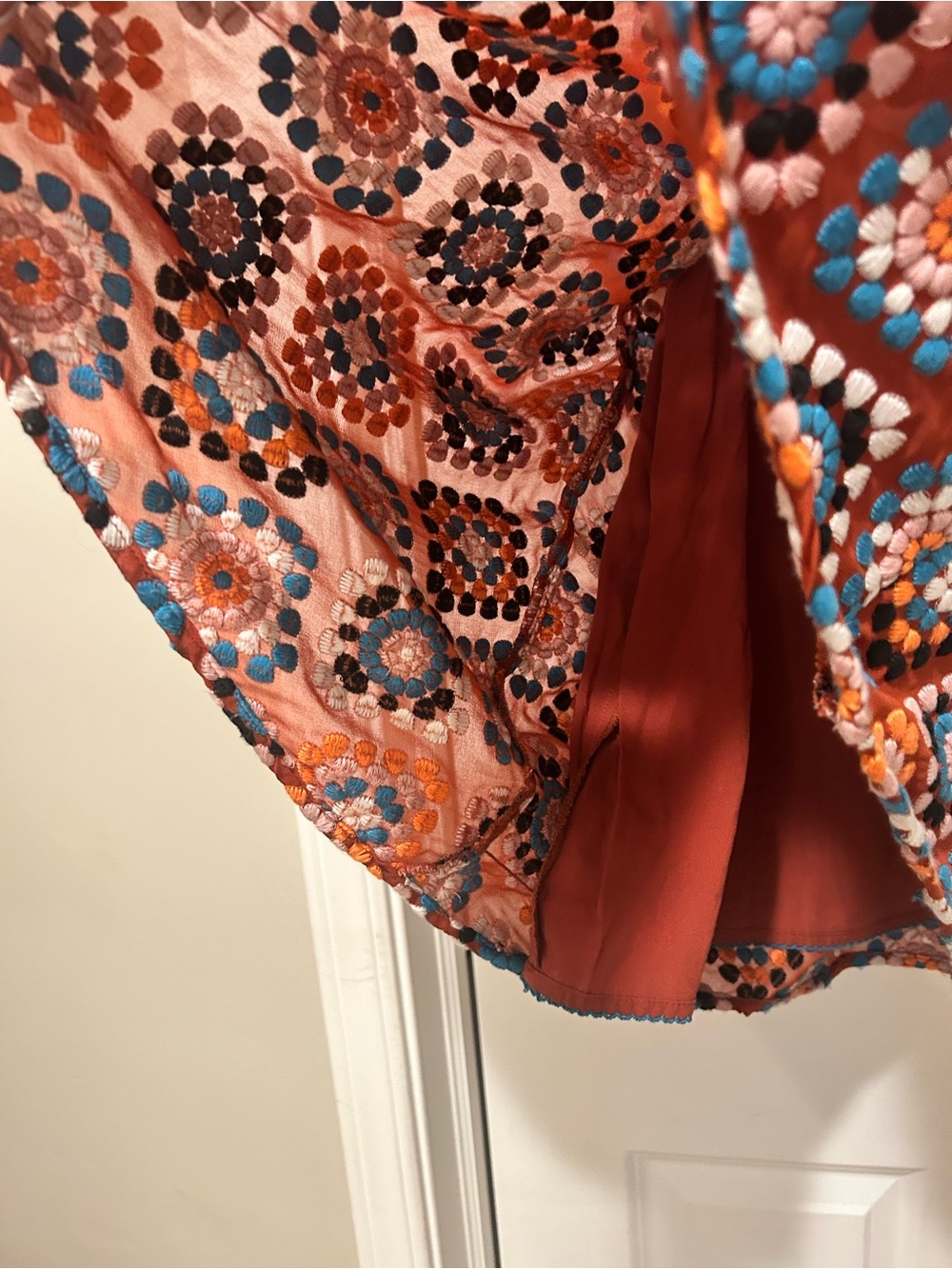 Anthropologie Rust & Boho Tile Embroidered Granny Square Midi Skirt - Picture 5 of 11